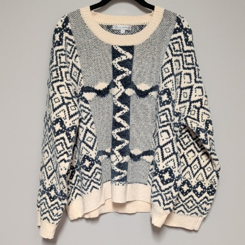 Nordic Patterned Crew Neck Sweater - Cream and Black